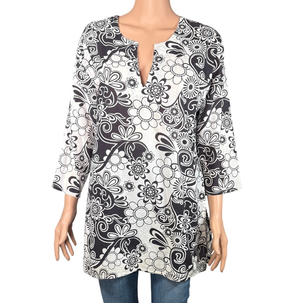 Black White Floral Paisley Cotton Tunic Top Notched V-Neck 3/4 Sleeve Size M